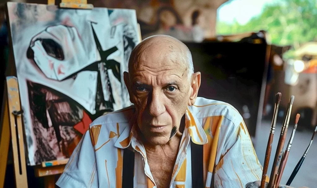 A photo of Pablo Picasso sitting infront of his art