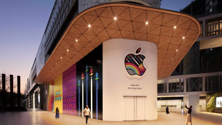 The colourful logo of the first Apple retail store in India