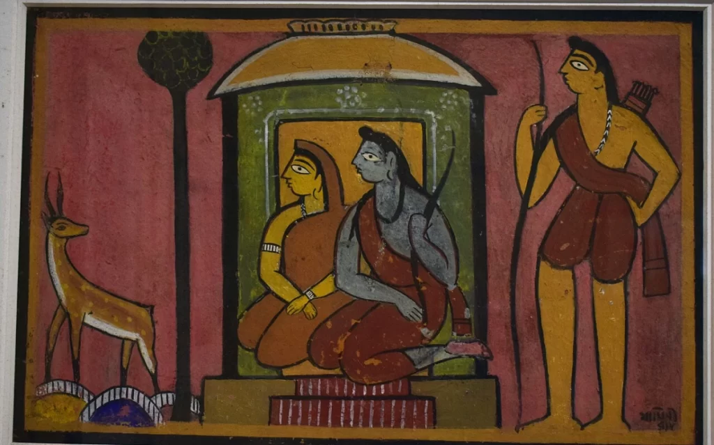 Ram, Sita, Lakshmana and golden deer by Jamini Roy. Watercolour on paper.