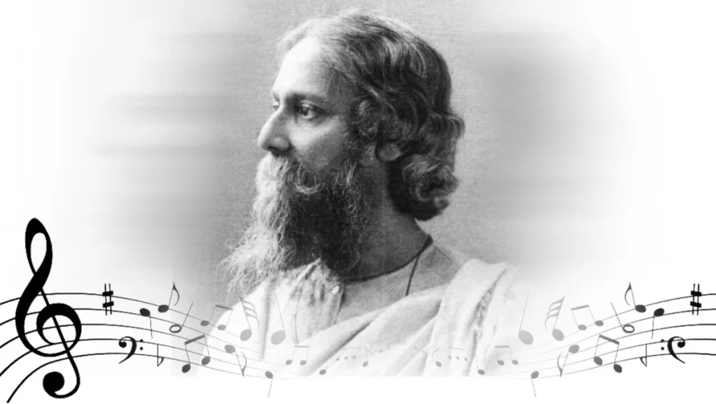 Rabindranath Tagore's photo with musical notes under him 