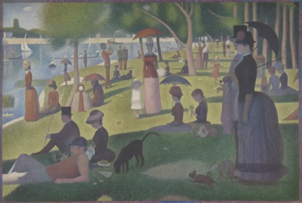 A pointillist masterpiece showing a lively park scene with people enjoying leisure activities along the riverbank.