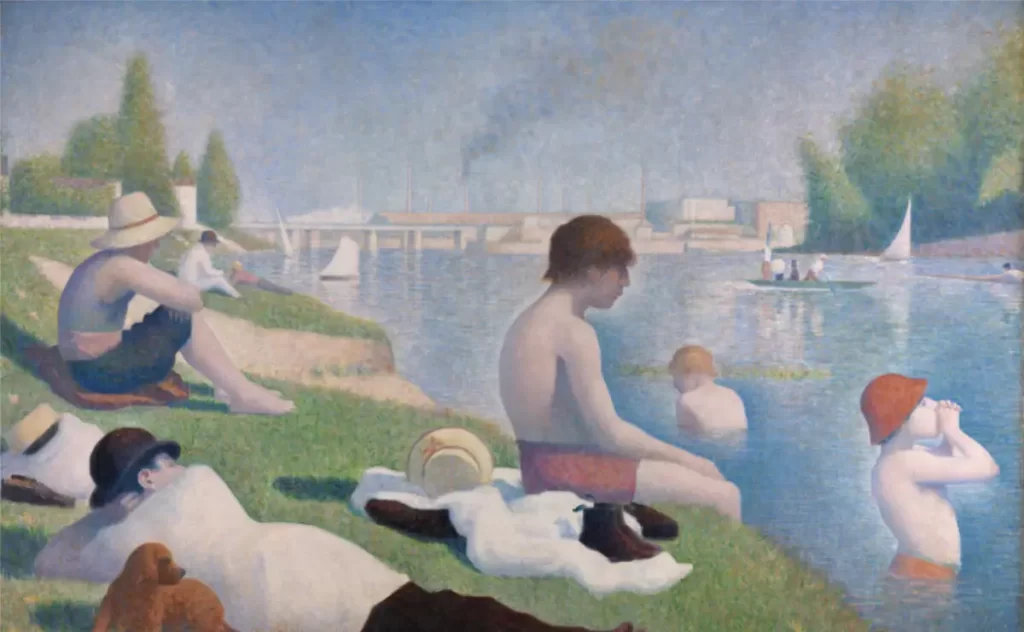 A pointillist painting capturing a sunny riverside setting with bathers, lush greenery, and boats in the background."