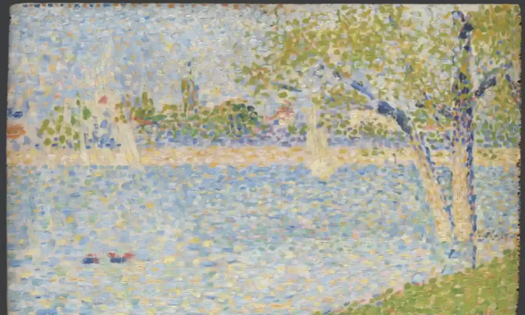 A pointillist painting of a serene riverside scene, with lush greenery and a vibrant blue sky, reflecting the impressionist style.