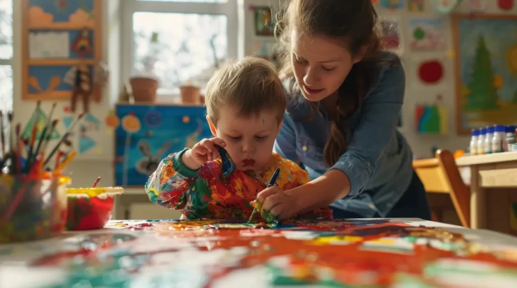 A Woman helping a child make art in a Special Ed Class 