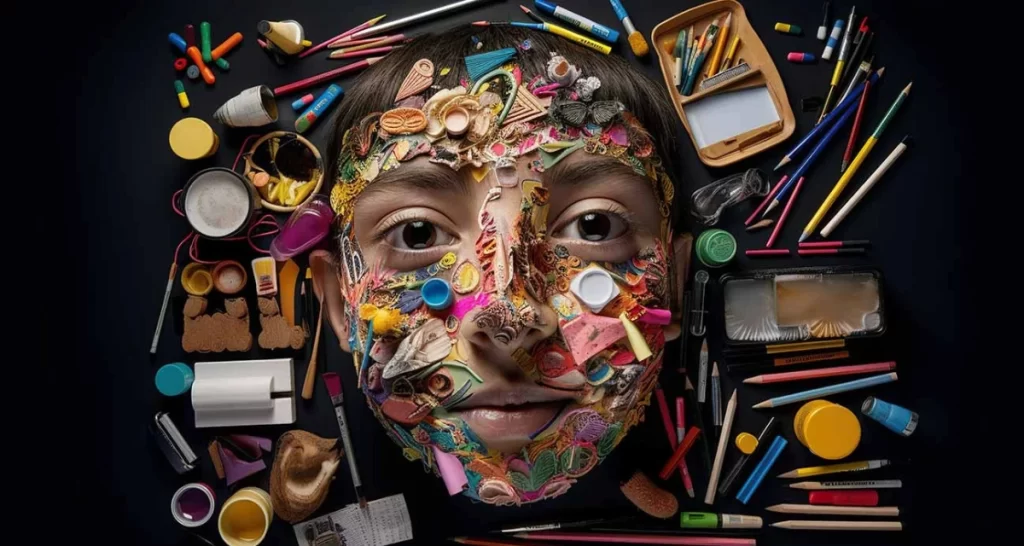 A face made of unconventional material surrounded by school supplies 