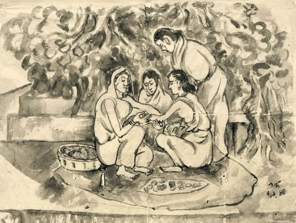 A painting with women and son 