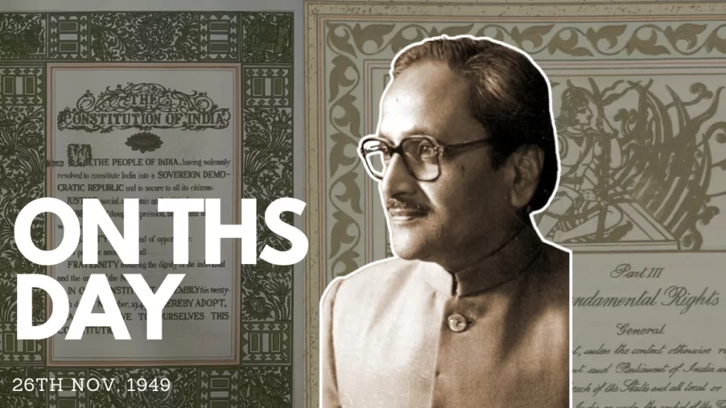 Beohar Rammanohar Sinha, artist who contributed to the Indian Constitution's design, alongside an excerpt of the original handwritten Constitution of India, highlighting its artistic details and historical significance.