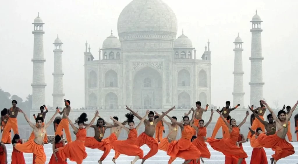 A group performance infront of the Taj Mahal 