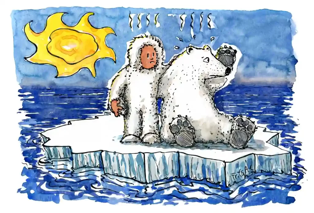 A man and polar bear on an ice sheet 