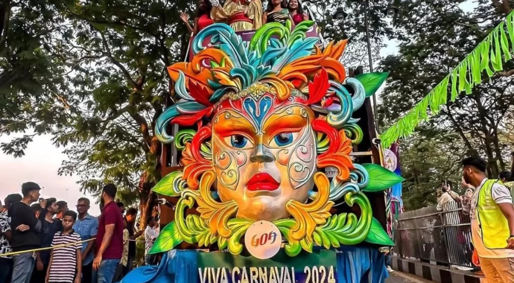 A parade with a carnival-like face mask 