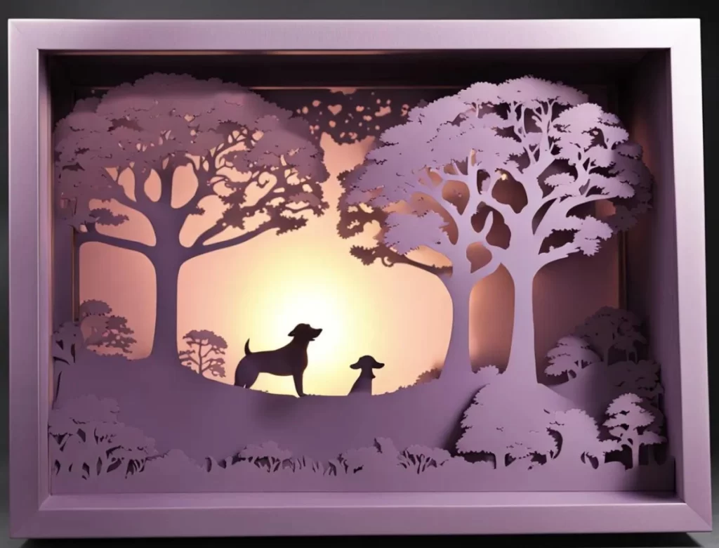 A shadow box art of dog in a forest 