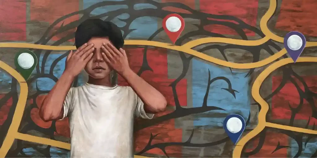 A painting of a boy covering his eyes with both hands, set against a colorful background with abstract road maps and location markers, symbolizing exploration and introspection.