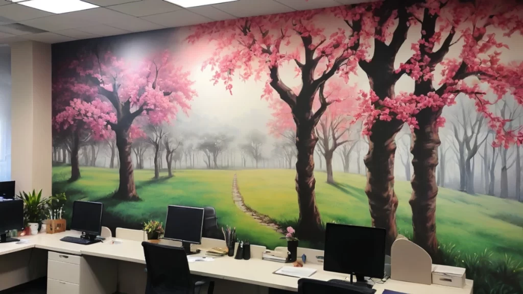 An office mural featuring cherry blossom trees 