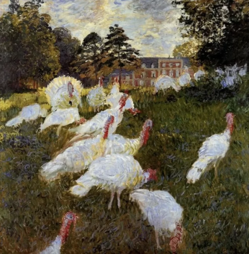 Claude Monet's 'The Turkeys' (1876), an Impressionist painting depicting a group of white turkeys with red wattles in a lush green landscape, set against a stately manor and a soft, cloudy sky in the background. The scene is characterised by Monet's signature brushwork and attention to natural light and texture.