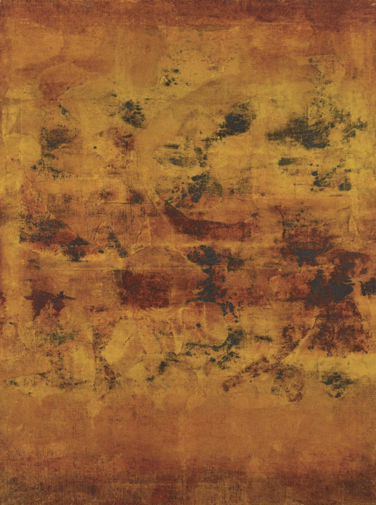 An abstract painting by V. S. Gaitonde, featuring a harmonious blend of muted colors and intricate forms, reflecting his contemplative artistic approach