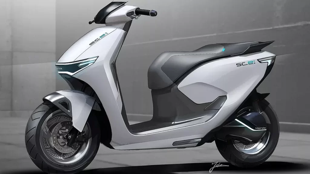 This is an image of a futuristic electric scooter, likely the Honda Activa Electric, showcasing a sleek and modern design. It features aerodynamic contours, LED lighting elements, and a compact yet sturdy build, reflecting its urban and eco-friendly focus.