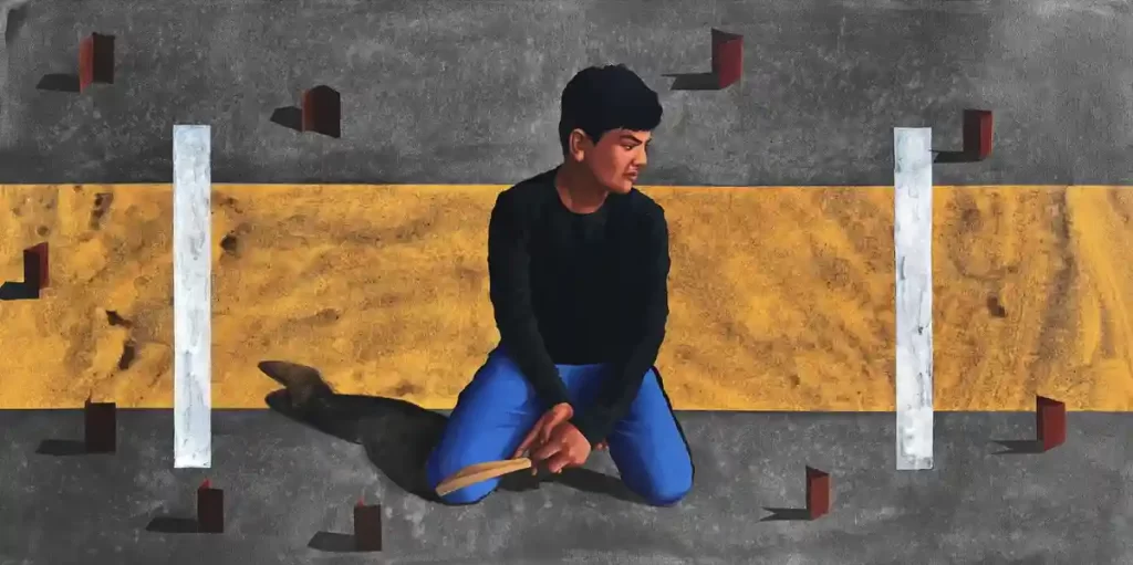 A painting of a boy sitting on a textured ground, holding a wooden stick, with a background of abstract yellow and gray patterns and minimalist geometric shapes.