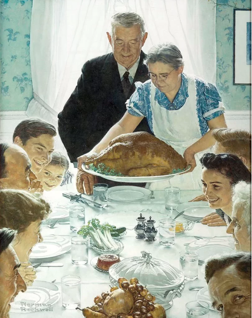 A classic Norman Rockwell painting of a family gathered around a table for a Thanksgiving dinner. An elderly couple is placing a large, golden turkey on the table while family members of all ages look on with joyful expressions. The scene captures warmth, tradition, and togetherness.