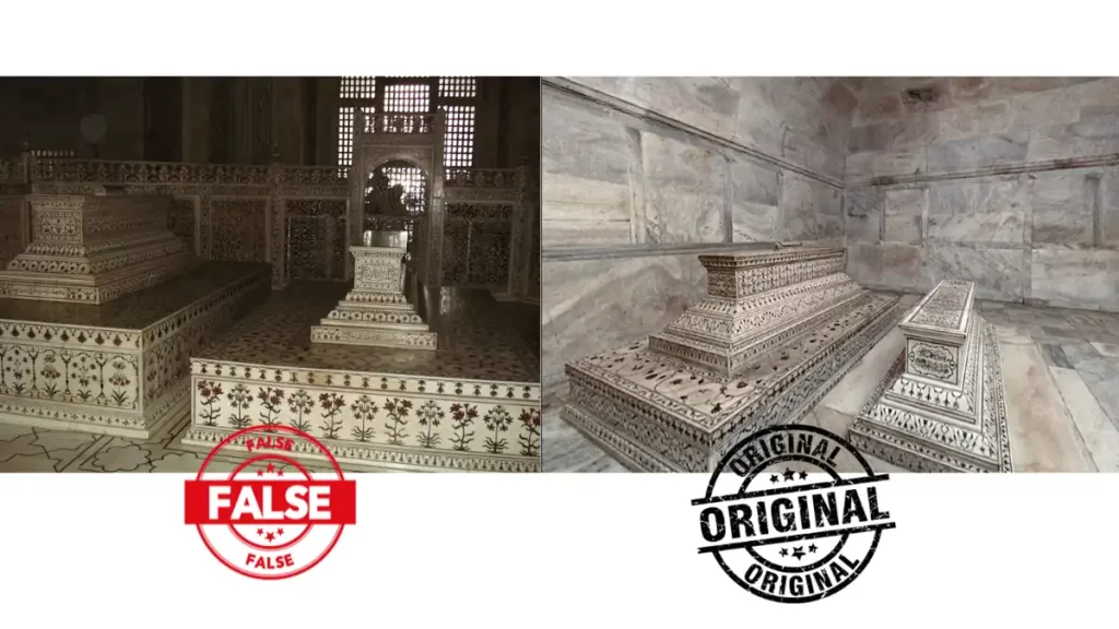 Comparison image showing two burial chambers of the Taj Mahal. The left side depicts the ornate symbolic cenotaphs located in the main chamber, surrounded by intricate floral inlay and a marble screen. The right side shows the simpler, actual burial site in the lower tomb chamber, characterized by plain marble walls and modest designs. A "False" stamp is marked over the left image, and an "Original" stamp is marked over the right image