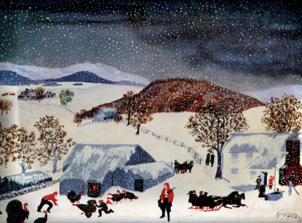 Grandma Moses' 1943 painting titled 'Catching the Thanksgiving Turkey,' depicting a lively winter scene with snow-covered landscapes, children chasing turkeys, and a family gathering in a rural setting. This artwork captures the charm and simplicity of countryside life during Thanksgiving.