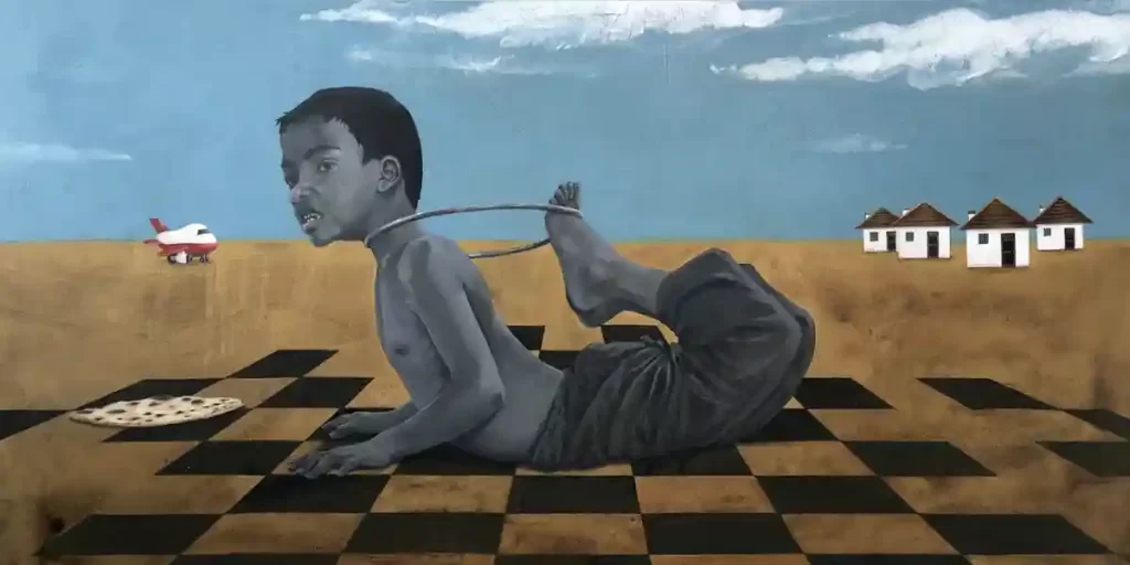 A surreal painting of a boy crawling on a chessboard-like ground, tethered by his foot to his neck, with small houses and an airplane in the background, symbolizing hardship and perseverance.