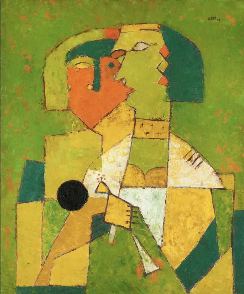 An abstract painting by V. S. Gaitonde, featuring a harmonious blend of muted colors and intricate forms, reflecting his contemplative artistic approach