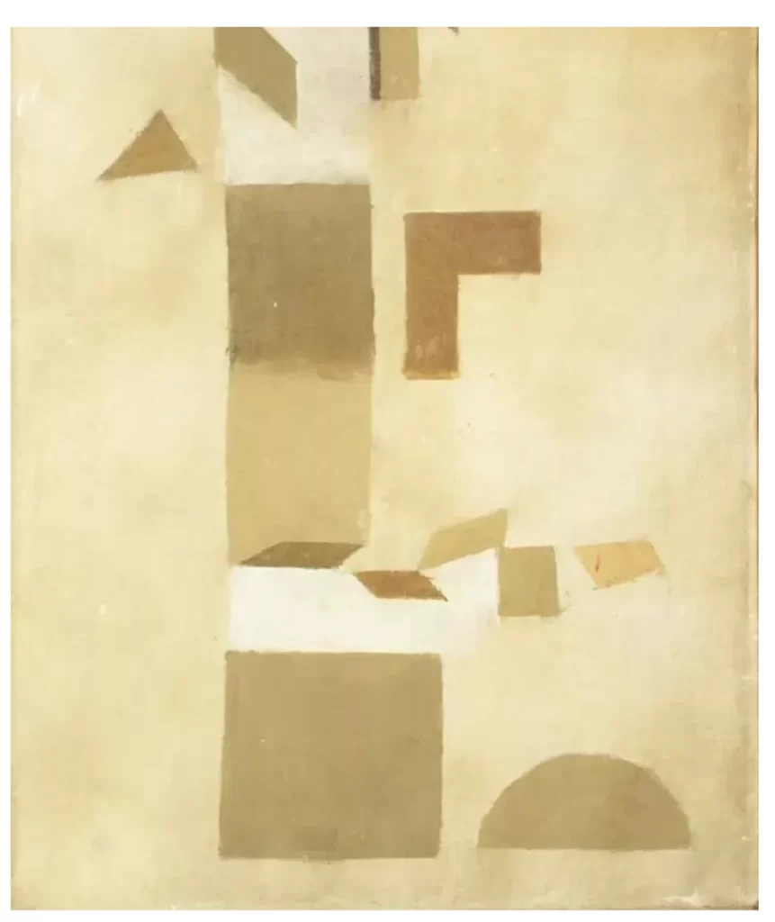 A serene and minimalistic abstract painting dominated by soft, muted earth tones. Geometric shapes, such as squares, triangles, and half-circles, are arranged across the canvas, creating a harmonious balance that evokes a sense of calm and quiet introspection. The blending of shapes suggests movement and fluidity within a seemingly still composition.