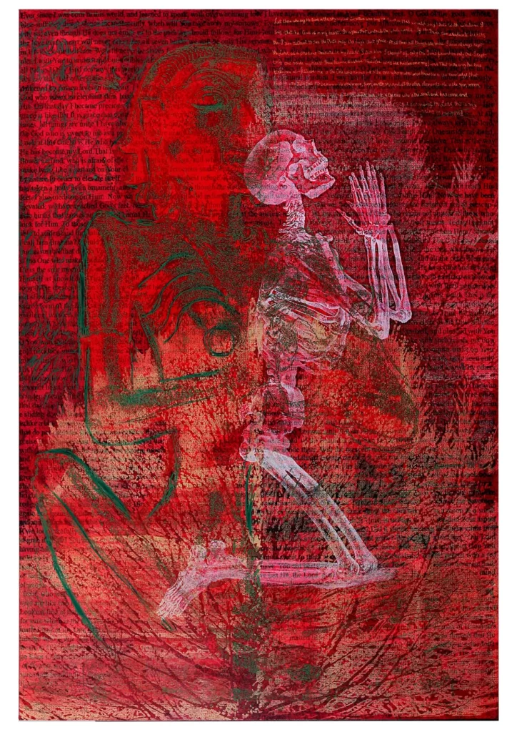 An artwork depicting a skeleton on red paper with multiple inscriptions as the backdrop