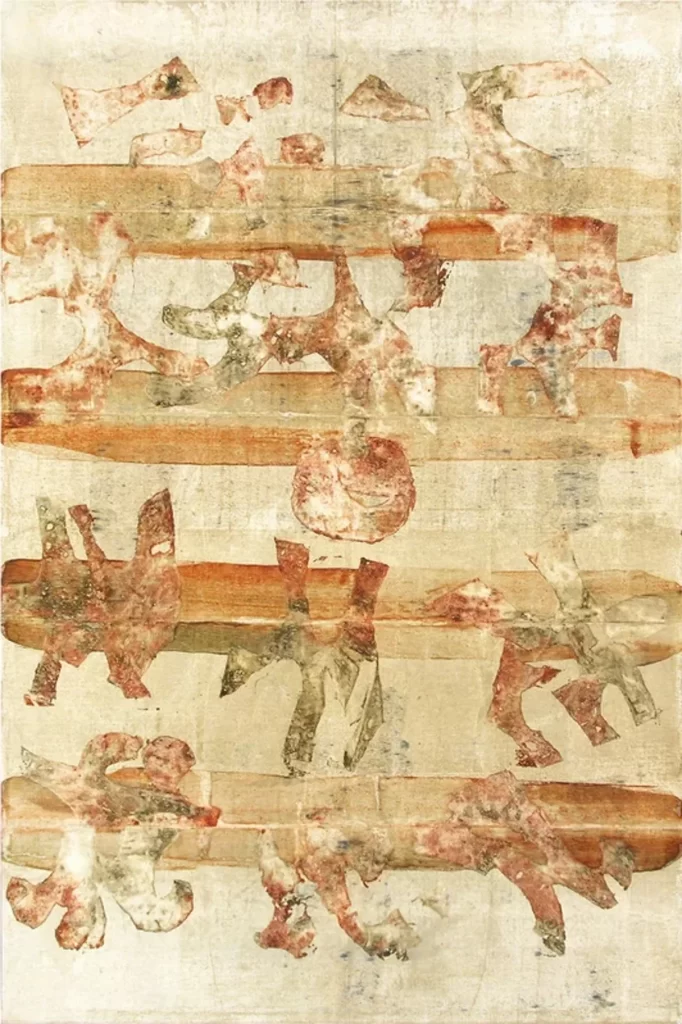 An abstract painting by V. S. Gaitonde, showcasing a harmonious blend of muted colours and intricate forms, reflecting his meditative approach to art