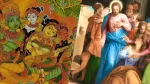 A composite image featuring vibrant traditional Indian artwork depicting Krishna playing the flute alongside mythological figures, juxtaposed with a classical European painting of Jesus surrounded by disciples, showcasing diverse artistic styles and cultural storytelling.