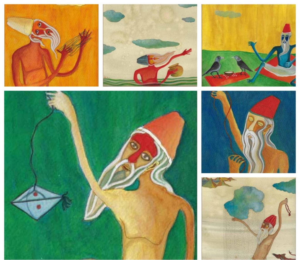 A collage of men flying kites 