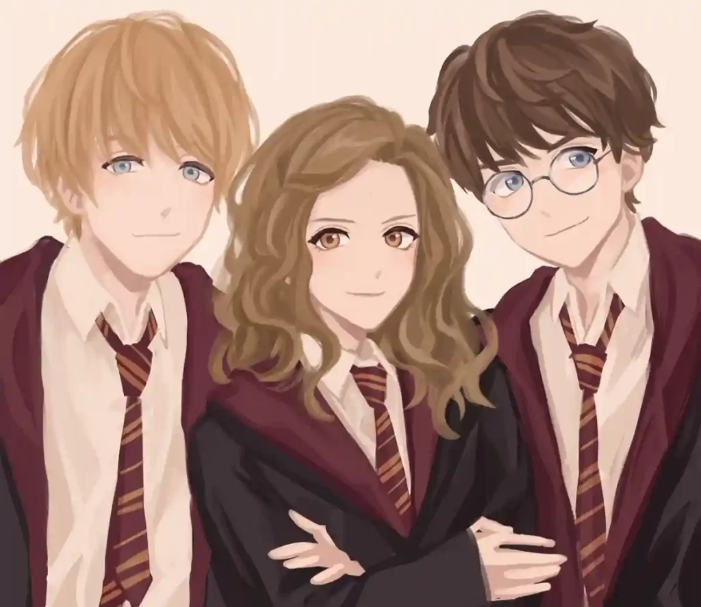 Anime style of Harry Potter, Ron, and Hermoine 
