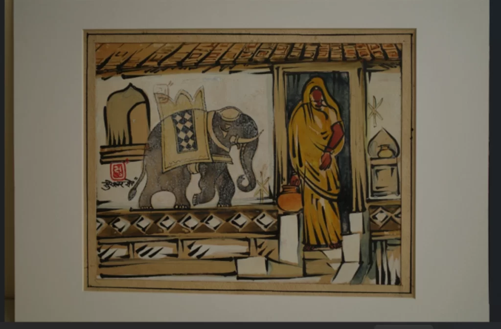 Painting of a woman stepping out of home by Sureshwar Sen