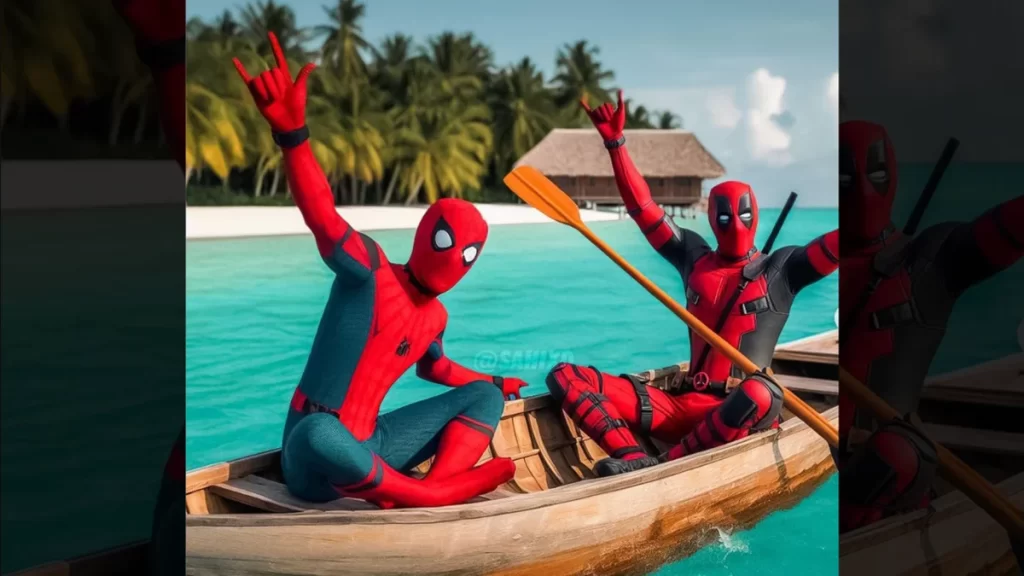 Two superheroes in vibrant red and black costumes sitting on a wooden boat in a serene turquoise lagoon, surrounded by lush palm trees and overwater bungalows in the background, exuding a fun and adventurous vibe.