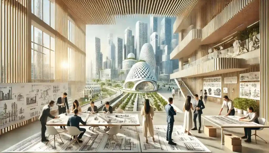 A futuristic architectural workspace with urban cityscapes in the background, featuring professionals collaborating on designs and surrounded by innovative and sustainable architectural models.