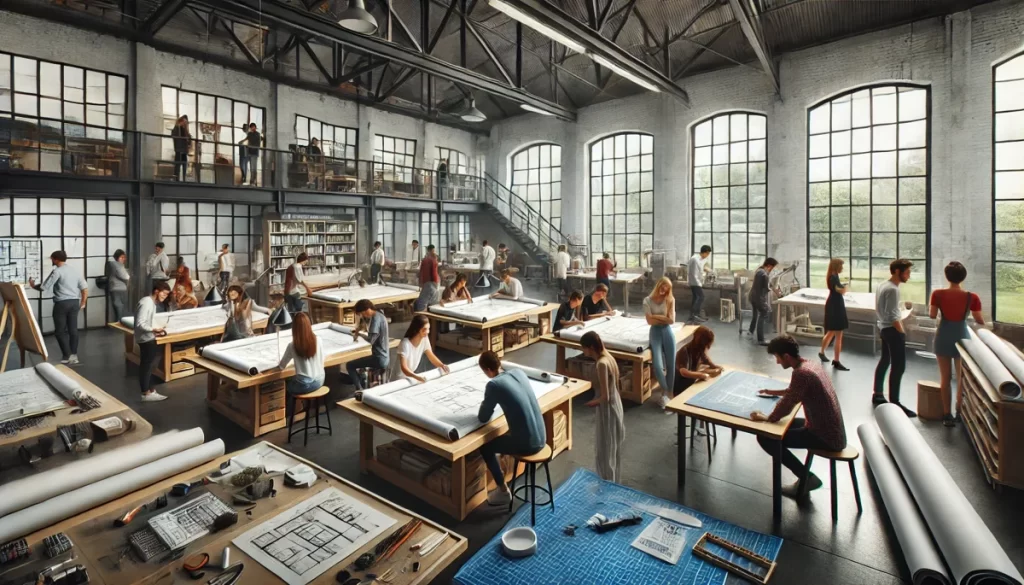 A bustling architectural studio filled with students working at drafting tables, sketching and discussing designs. The industrial-style space features high ceilings, large windows, and shelves filled with books and supplies, creating a vibrant and collaborative atmosphere.