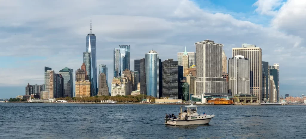 Skyline of Lower Manhattan in 2021. The term "Skyline" was first used for New York City in 1896