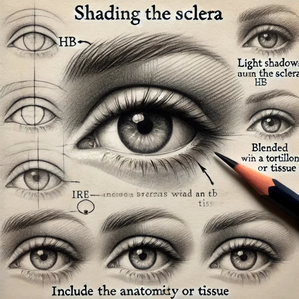 A detailed instructional sketch focusing on shading the sclera of human eyes. The sketch shows light shadows around the sclera using an HB pencil