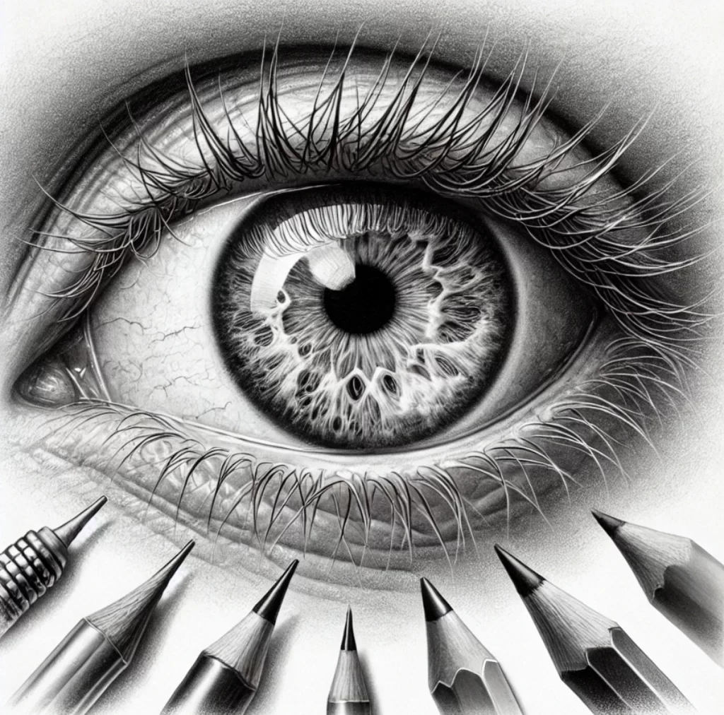 A detailed pencil drawing of a realistic human eye, showcasing the iris, pupil, sclera, and surrounding skin with visible shading and textures, set on 