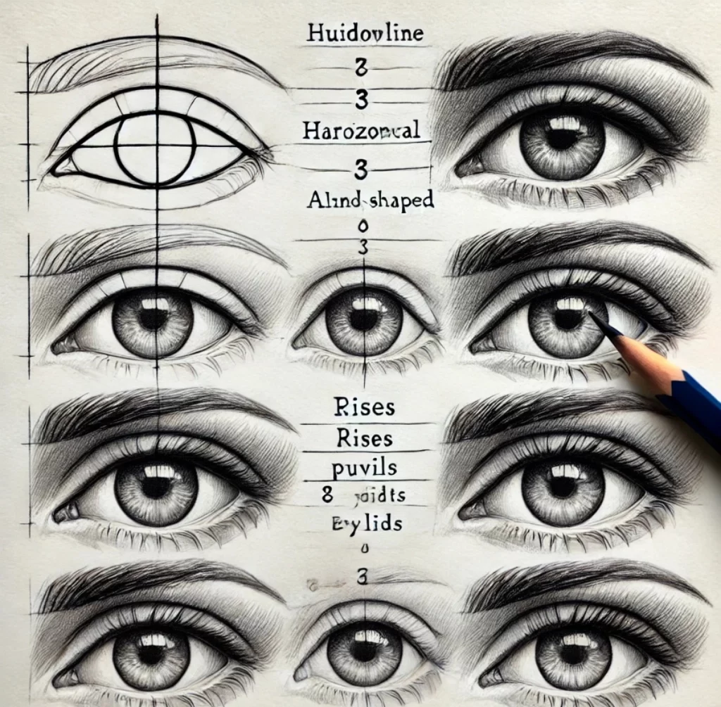 A detailed step-by-step instructional sketch showing how to draw a pair of human eyes. The sketch should include a horizontal guideline, almond-shaped 