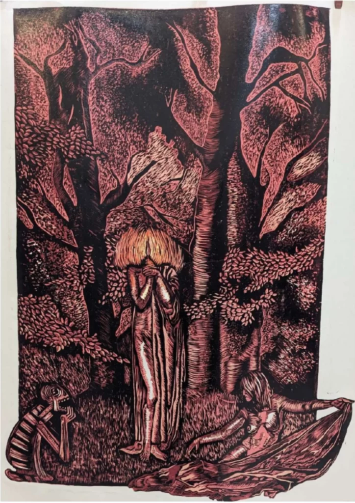 Awakening the divine feminine (2024), Woodcut on paper (32x28 in) 