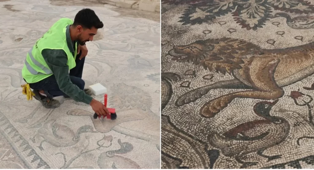 Excavator Brushes off dust from the mosaic