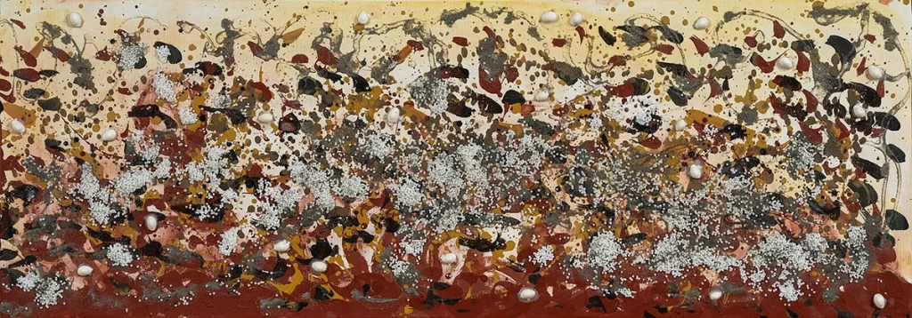 Jayasri Burman, Cosmic Churn-3, Mixed media (clay, acrylic, sand, cowrie shells, fevicol on canvas), 15 x 43 inches, 2024