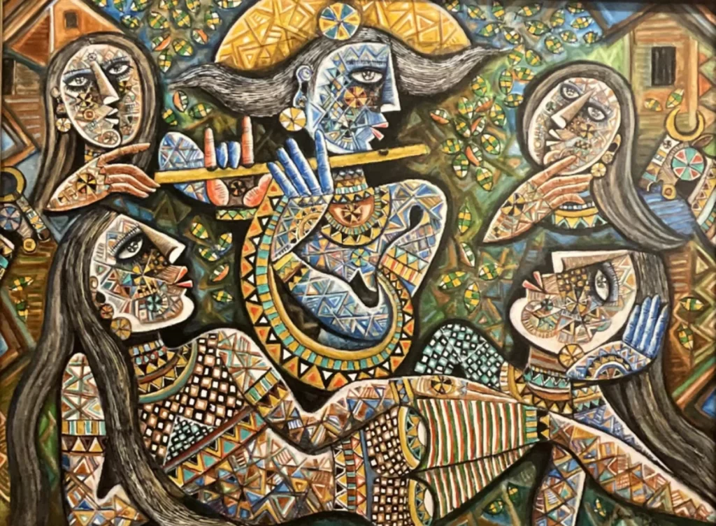 Krishna With Gopis (2021) by M. Senathipathi', Acrylic On Canvas, 36x48 In.