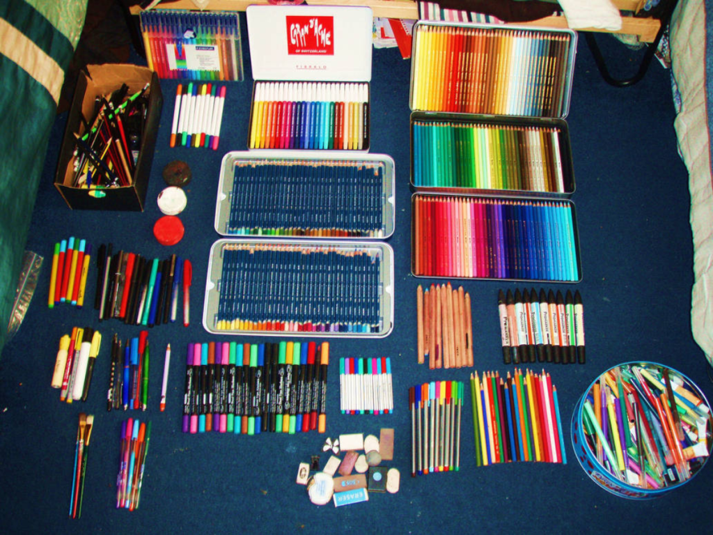 materials used in art like pencil colours, brushes, watercolours, acrylic etc. 