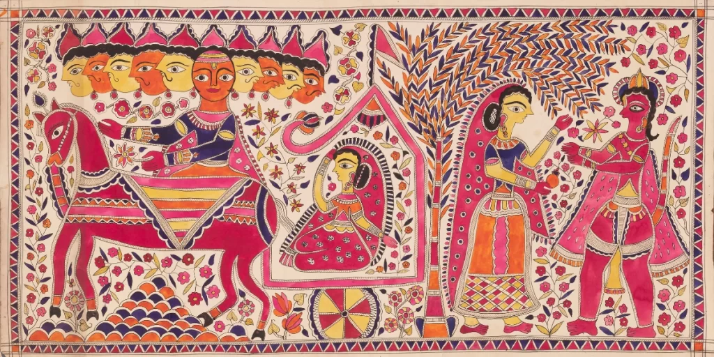 Untitled (Sita Haran and a scene from Ashok  Vatika), Pigment on paper, 20x40 in. Unknown Artist (Att. to Anmana Devi)