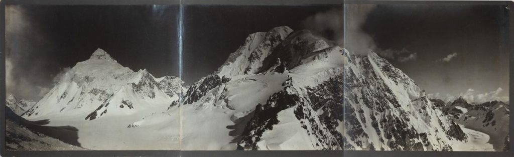 Viitorio Sella, Panoramic View of K2, Staircase Peak and Edge of Baltoro Glacier from Windy Gap, 1909, Silver Gelatin print mounted on Card. Courtesy- DAG