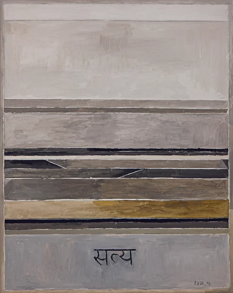 Painting inspired by Gandhian thinking, Satya, written on borrow by Raza