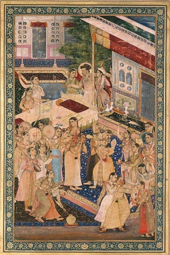 Celebrating Holi in traditional Indian miniature style, Deccan-style miniature painting