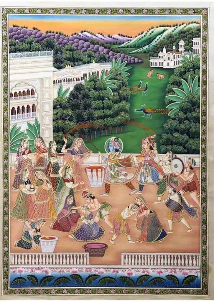 Radha and Krishna in Holi celebration on Miniature Paintings 